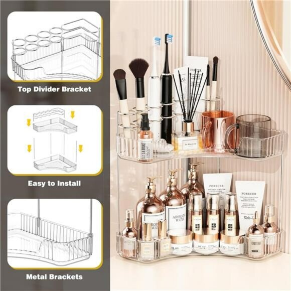 Clear 2 tier corner organizer with brush holder bathroom vanity storage - Picture 6 of 7